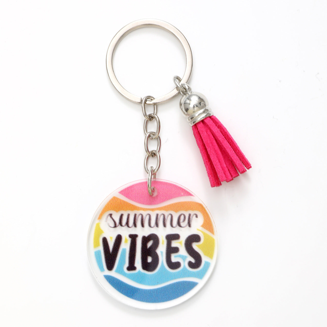 Wholesale Round Colorful Printed Coconut Tree Letters Acrylic Tassel Keychain