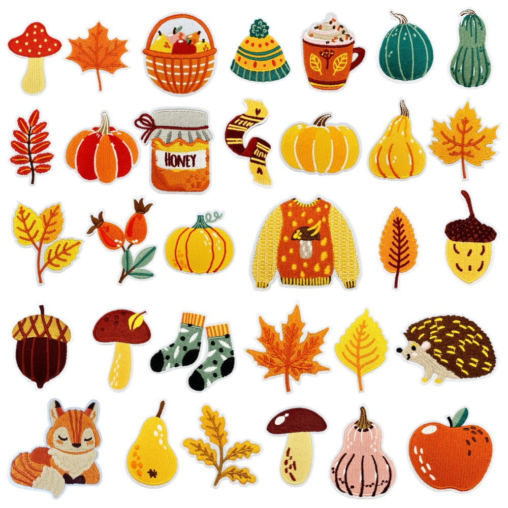 Wholesale Cartoon Autumn Harvest Embroidered Patches Pumpkin Maple Leaf Honey Pot Party Applique Decorative Craft Supply For Clothing Resale
