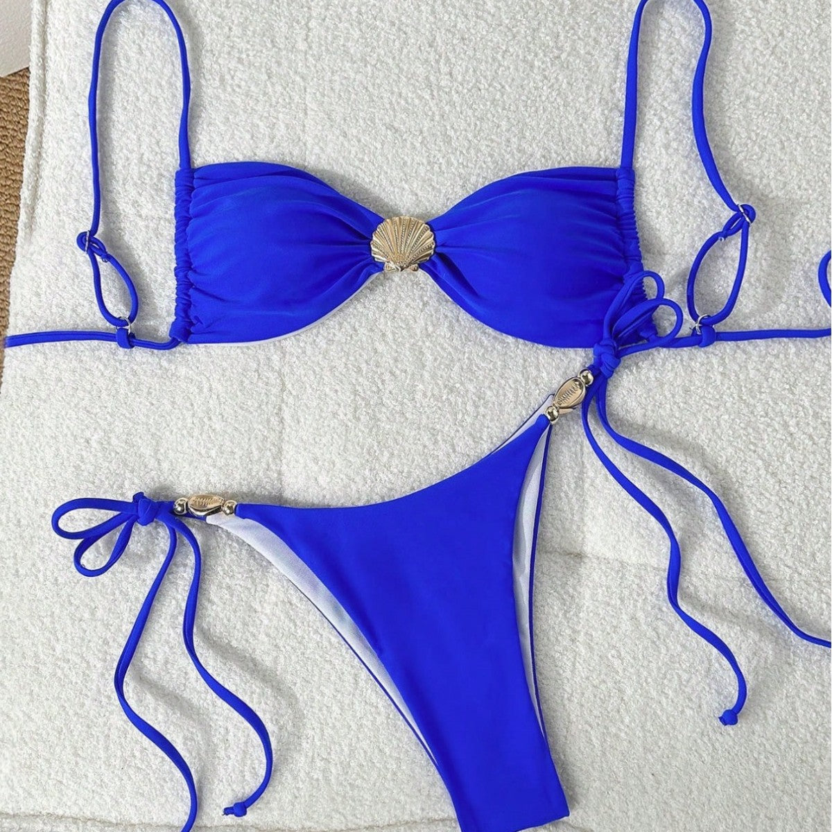 Wholesale Two-piece shell drawstring solid color swimsuit