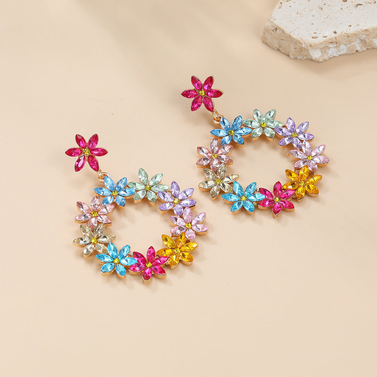 Wholesale Full Color Diamond Flower Round Earrings