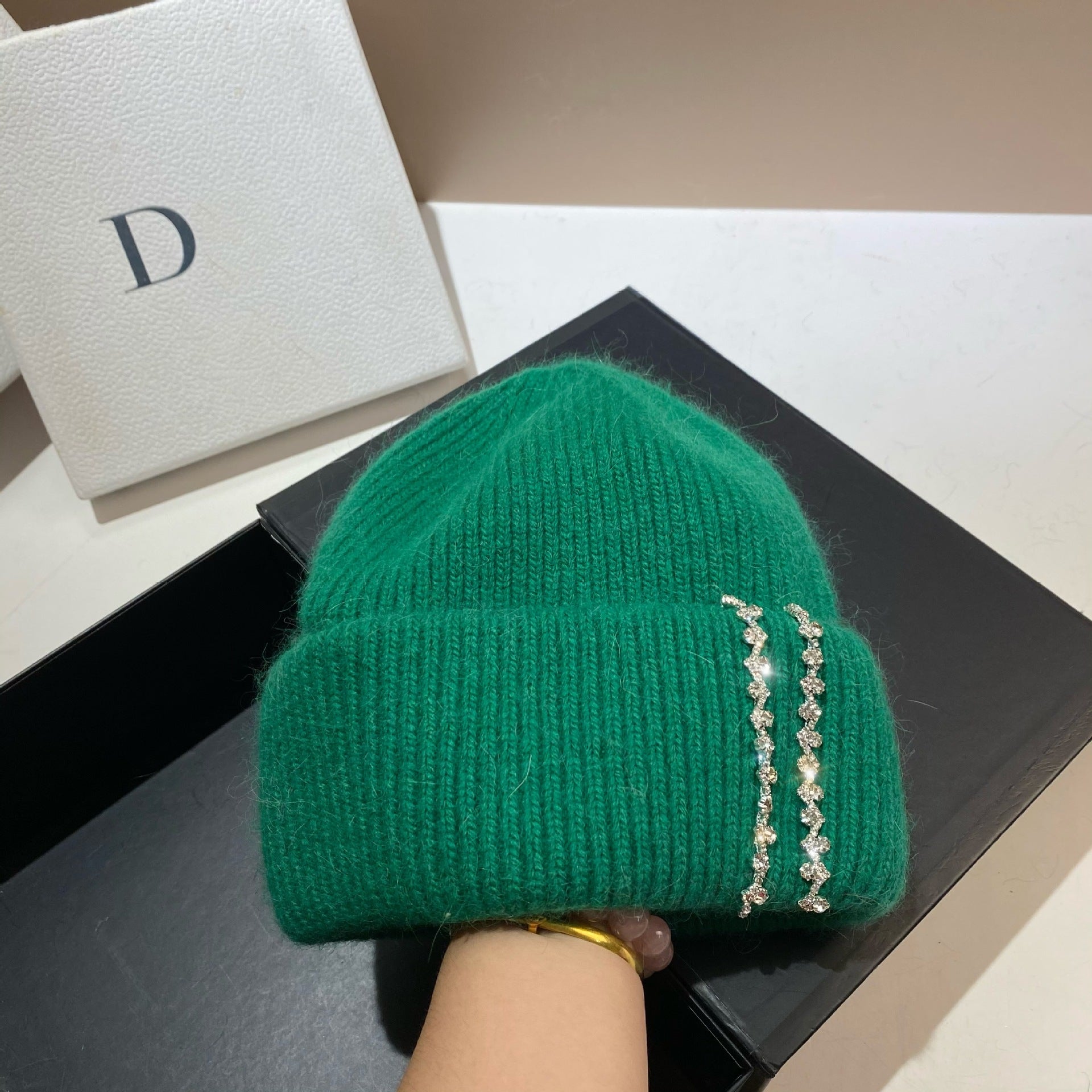 Wholesale Long Rabbit Fur Bi-fold Knitted Rhinestone Beanie