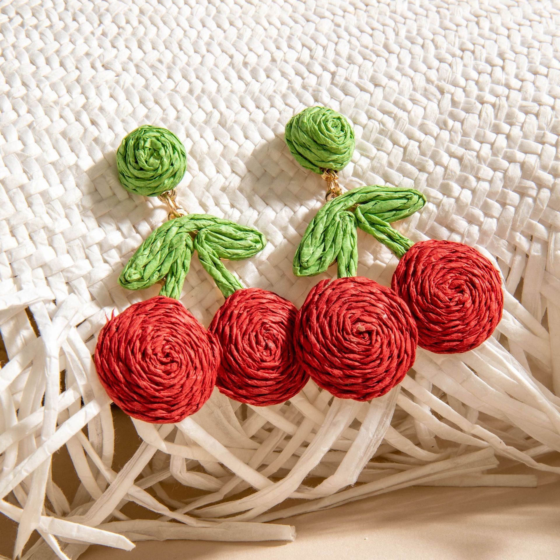 Wholesale Wool Woven Red Cherry  Water Simulation Fruit Earrings