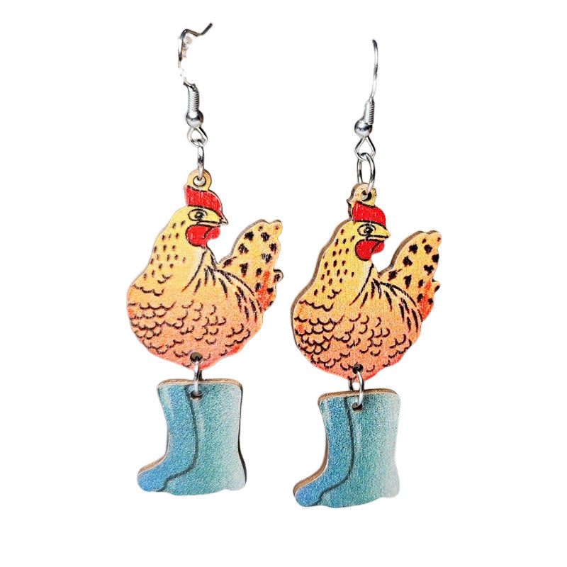 Wholesale Farm pastoral style cute hen and chick wooden double-sided Earrings