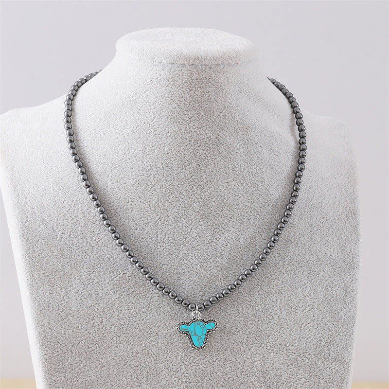 Wholesale Bull head five-pointed star round bead necklace