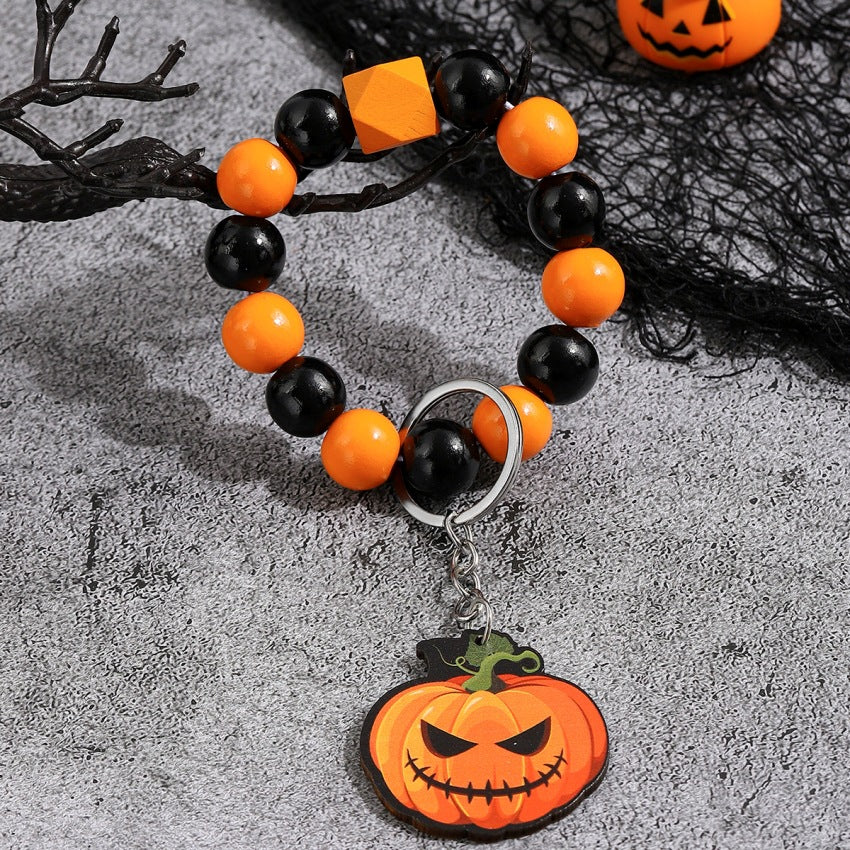 Wholesale Halloween Wooden Spooky Pumpkin Spider Beaded Wrist Keychain