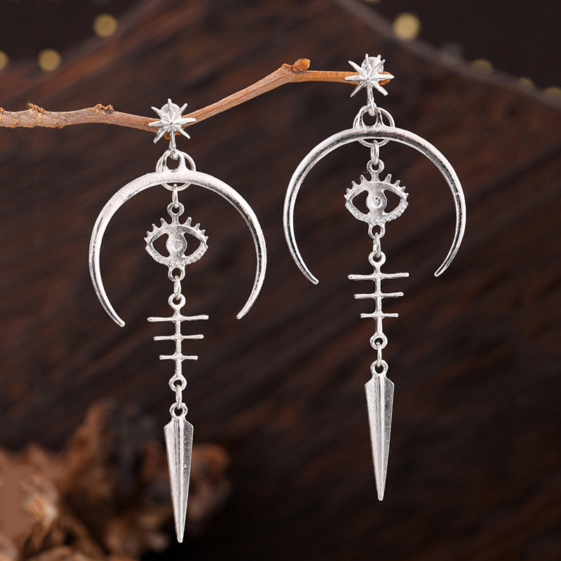 Wholesale Gothic Demon Eye Punk Accessories Antique Silver Moon Metal Long Earrings