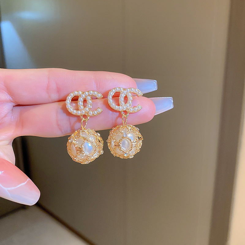 Wholesale Silver Needle Zircon Heart Bow Mermaid Concubine Pearl Copper Earrings