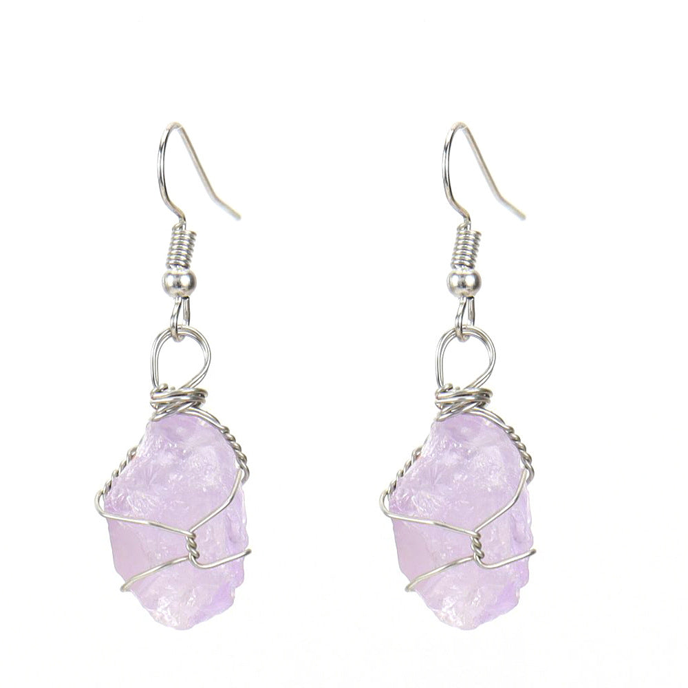 Wholesale New Handmade Silver Wound Natural Rough Crystal Agate Tourmaline Earrings