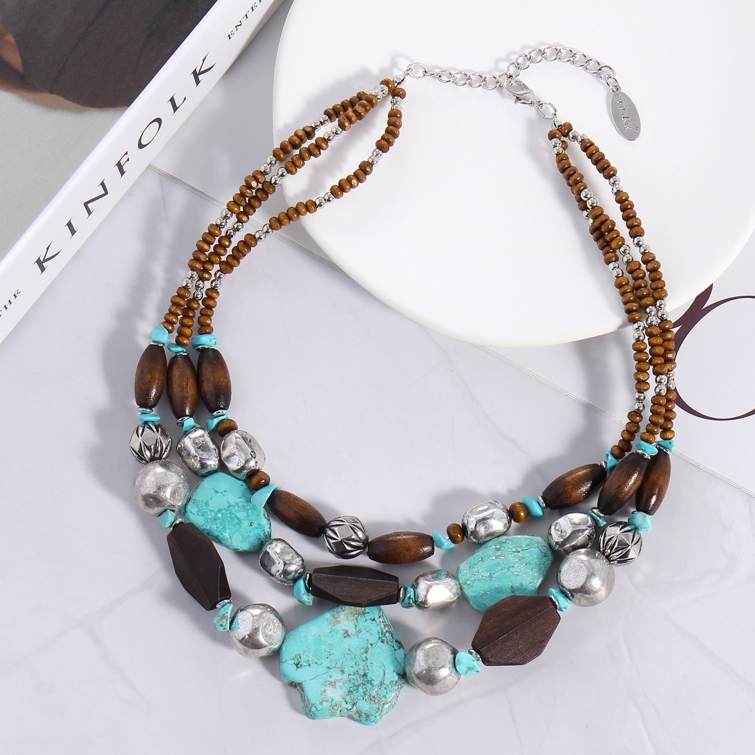 Wholesale Fashion Multi-layer Wooden Beads Shaped Turquoise Vintage Necklace