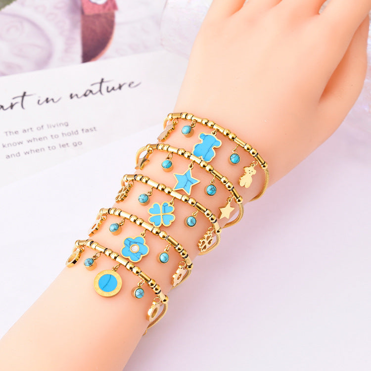 Wholesale Round Tube Five-pointed Star Necklace Turquoise Clavicle Pendant Long Tassel Earrings Bracelet Set