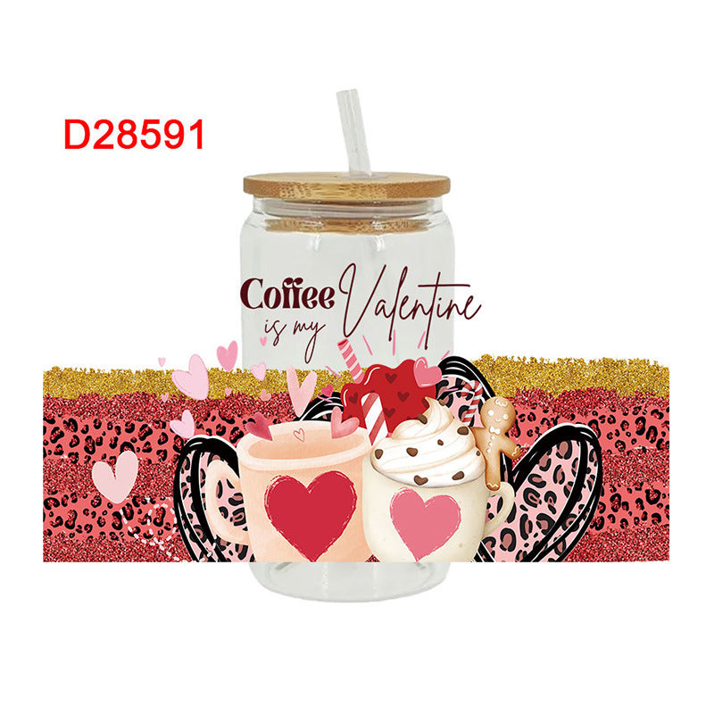 Wholesale Pink Cartoon Heart Valentine' s Day 16oz Cup UV DTF Wraps