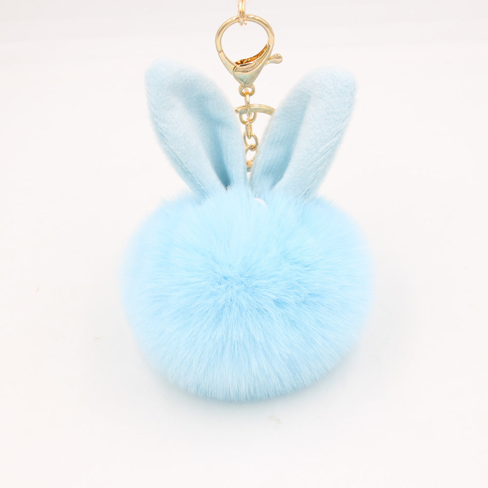 Wholesale Cartoon Rabbit Ear Plush Keychain With Fur Ball Light Blue Pendant Bag Charm And Car Key Accessory