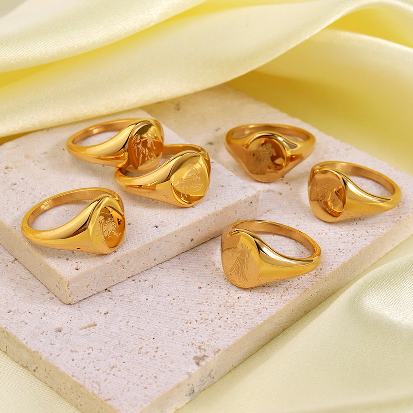 Wholesale Engraved Pattern Stainless Steel Electroplated 18K Gold Engraved Constellation Pattern Ring