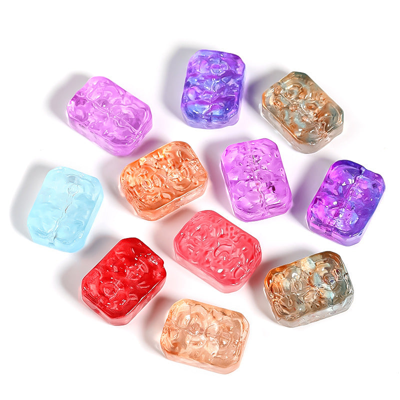 Wholesale 100pcs Glass Double Sided Flower Sign Imitation Jade Square Sign Through Hole Beads DIY