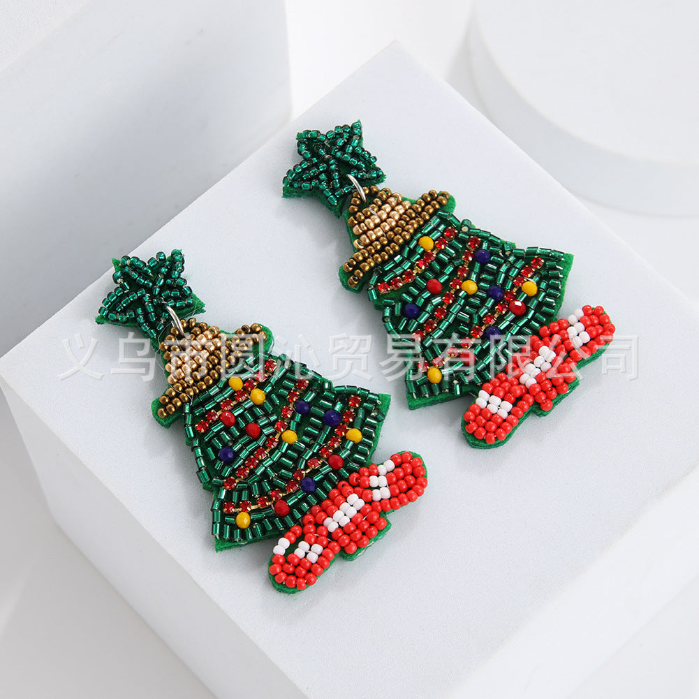 Wholesale Christmas Fabric Felt Christmas Tree Elk Snowman Handmade Rice Bead Earrings