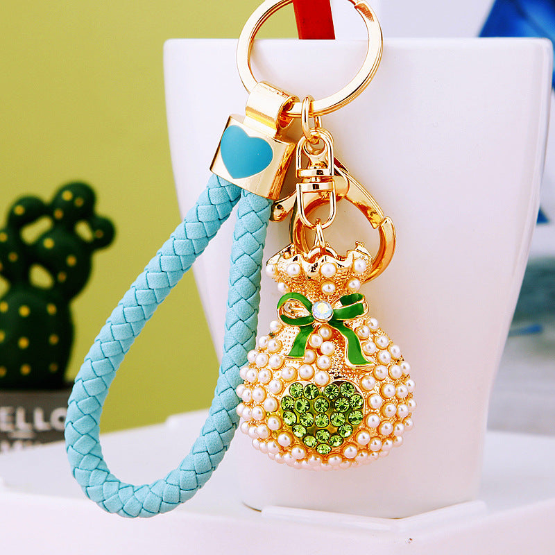 Wholesale Metal Pearl Heart Lucky Bag Keychain Cute Car Key Accessory Bag Charm For Women Gift
