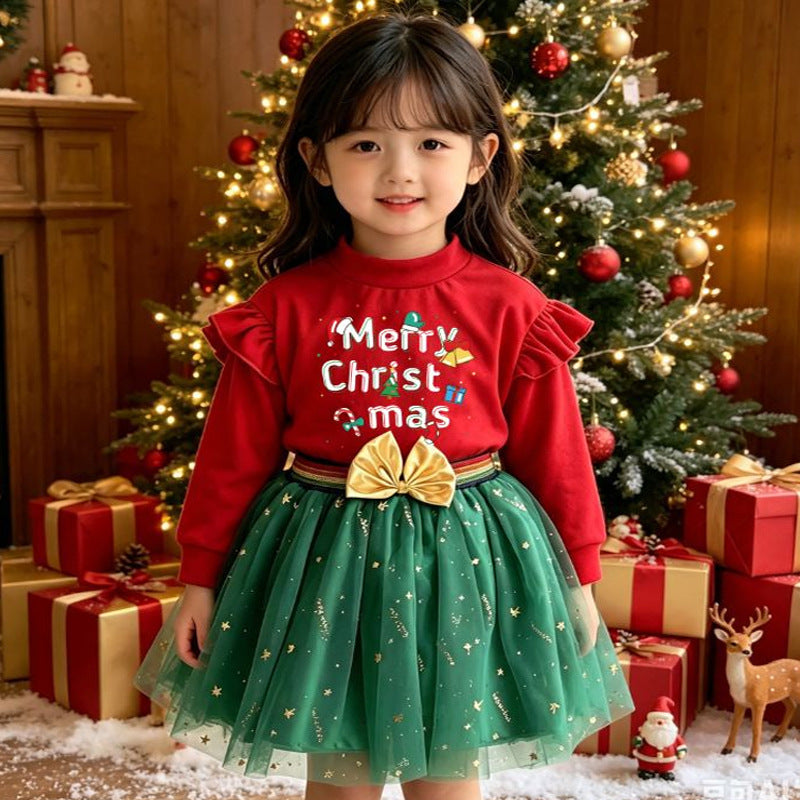 Wholesale Christmas Girls Two Piece Outfit Green Printed Long Sleeve Sweatshirt And Gold Glitter Tulle Skirt Boutique Gift For Resale