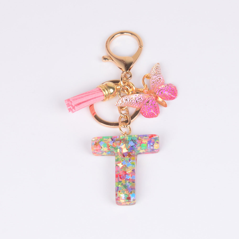 卸売スパンコール英語蝶タッセル文字樹脂キーホルダー