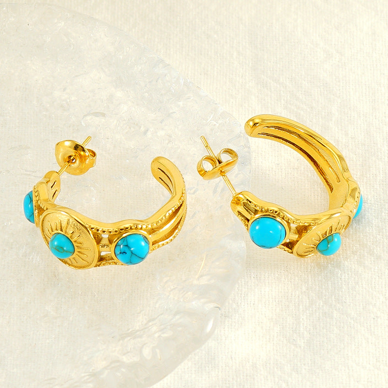 Wholesale Retro Fashion Temperament Versatile Design Texture Light Luxury Inlaid Blue Turquoise Earrings