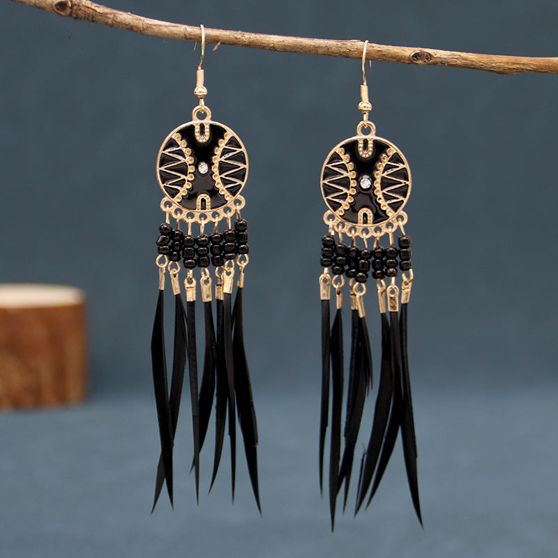 Wholesale Tassel Thin Feather Long Ethnic Style Earrings