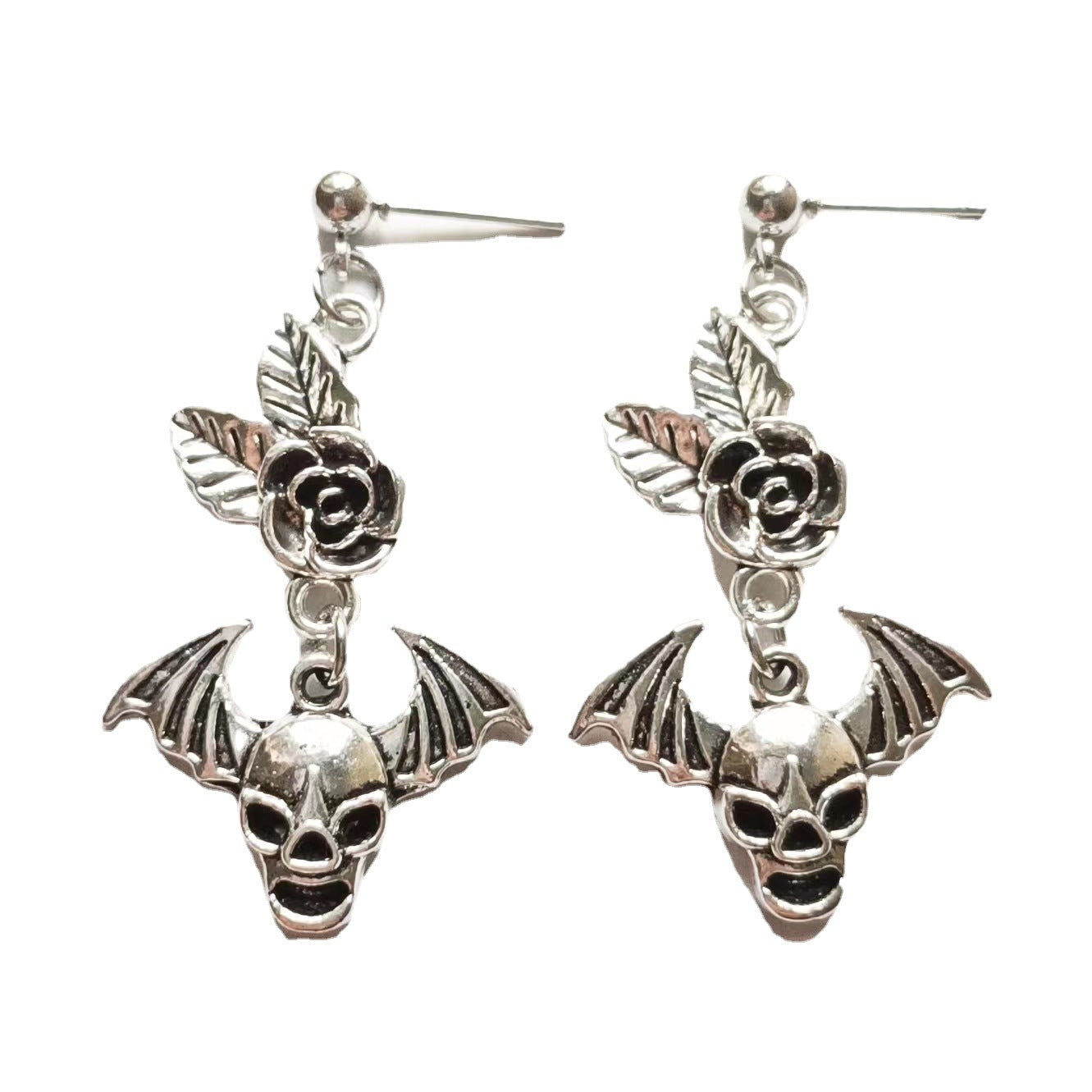 Wholesale Gothic Rose Bat Wings Skull Pendant Earrings