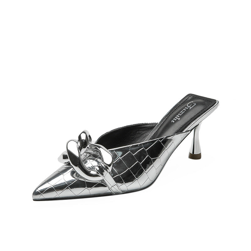Wholesale sandals and slippers women wear high heels silver chain pointed toe