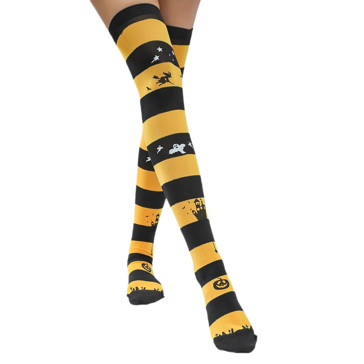Wholesale Halloween Pumpkin Ghost Skeleton Spider Black and Yellow Striped Socks
