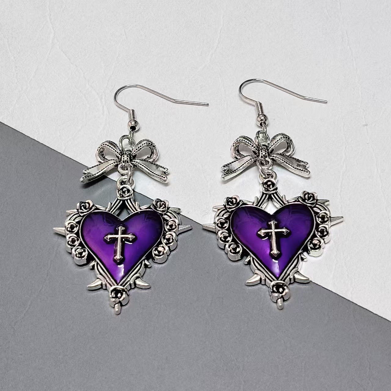 Wholesale Dark Blood-Colored Heart-Shaped Rose Bow Gothic Earrings