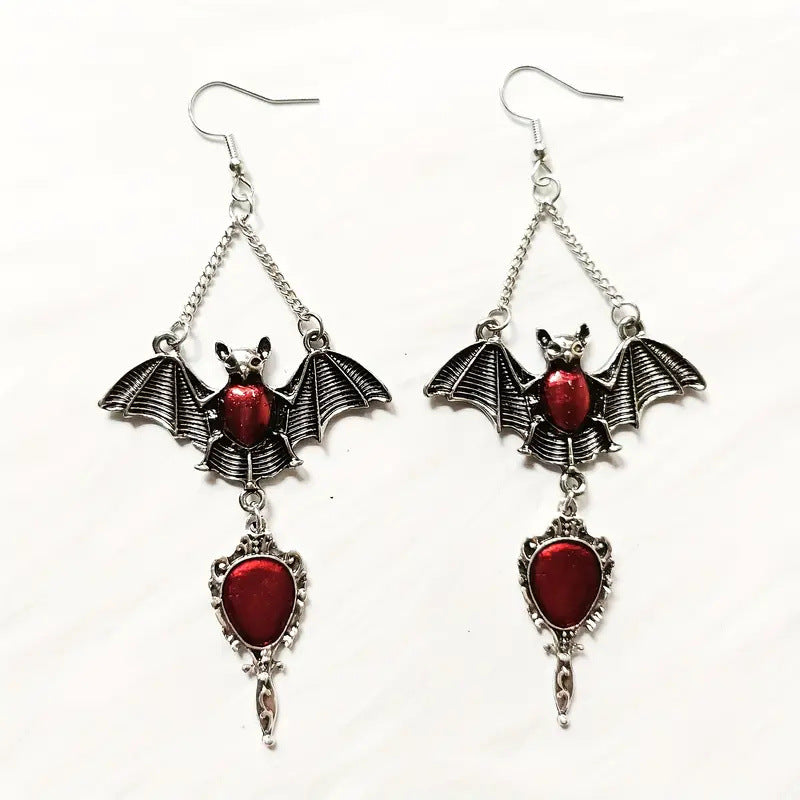 Wholesale Dark Gothic style exaggerated red vampire bat blood mirror earrings