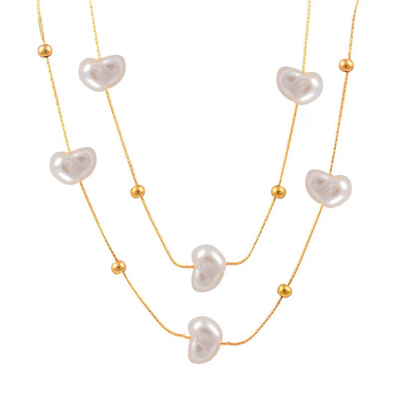 Wholesale Vintage Baroque Pearl Double Layer Clavicle Titanium Steel Necklace