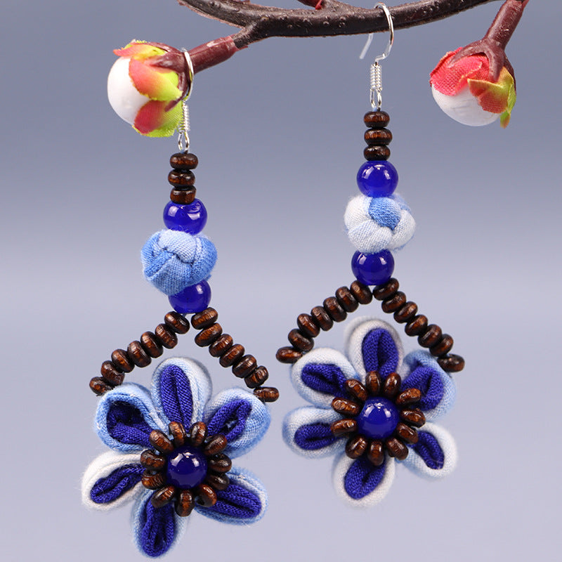 Wholesale Tie-dye blue dye earrings earrings ethnic style buckle flower blue earrings tie-dye earrings