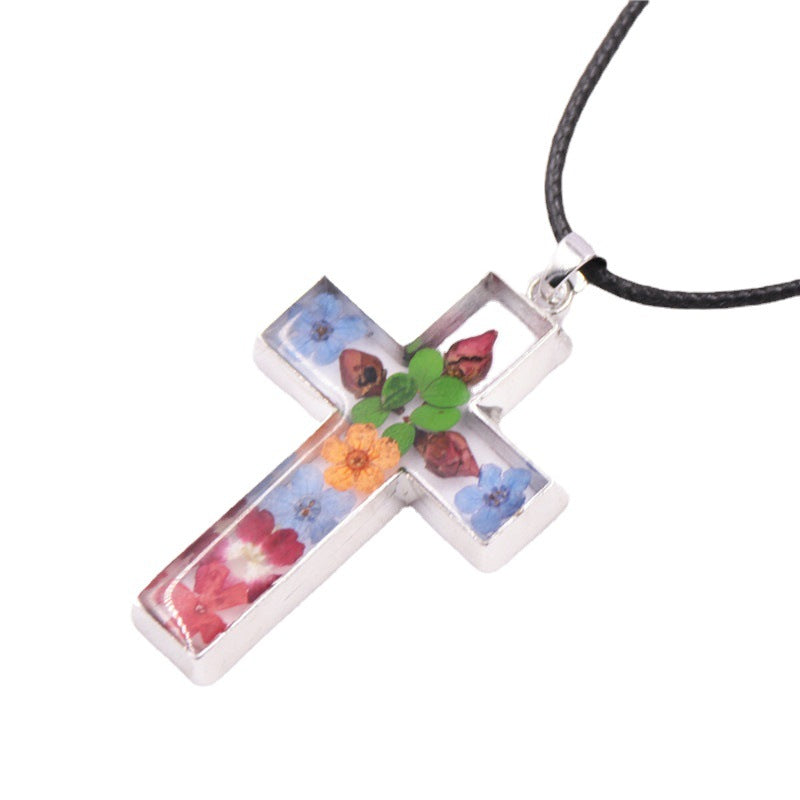 Wholesale 6pcs Natural Stone Rose Dried Flower Resin Cross Fashion Necklace