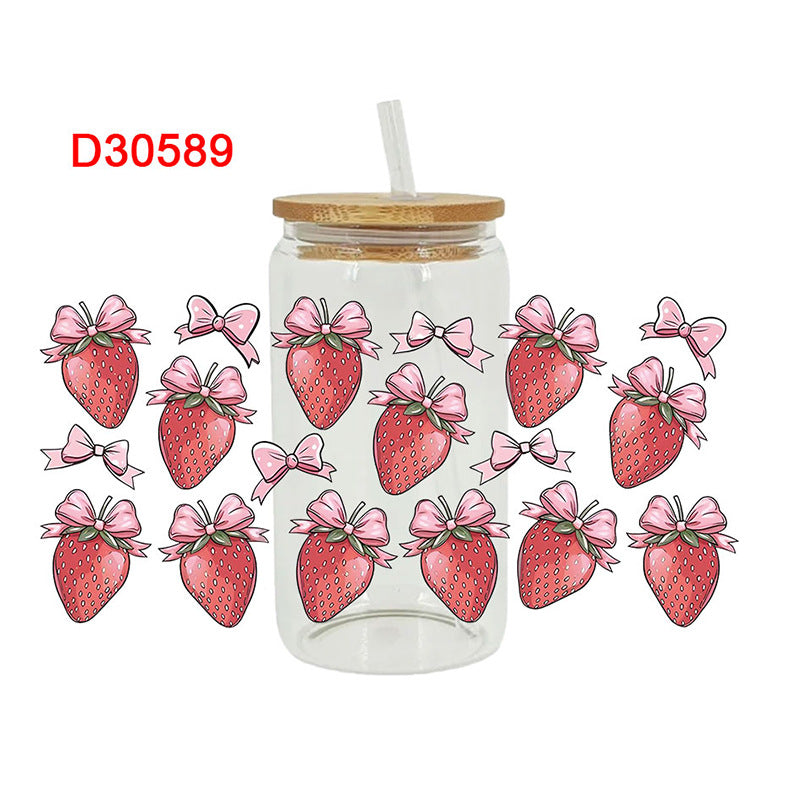 Wholesale Pink Strawberry Bow 16oz Cup UV DTF Wrap