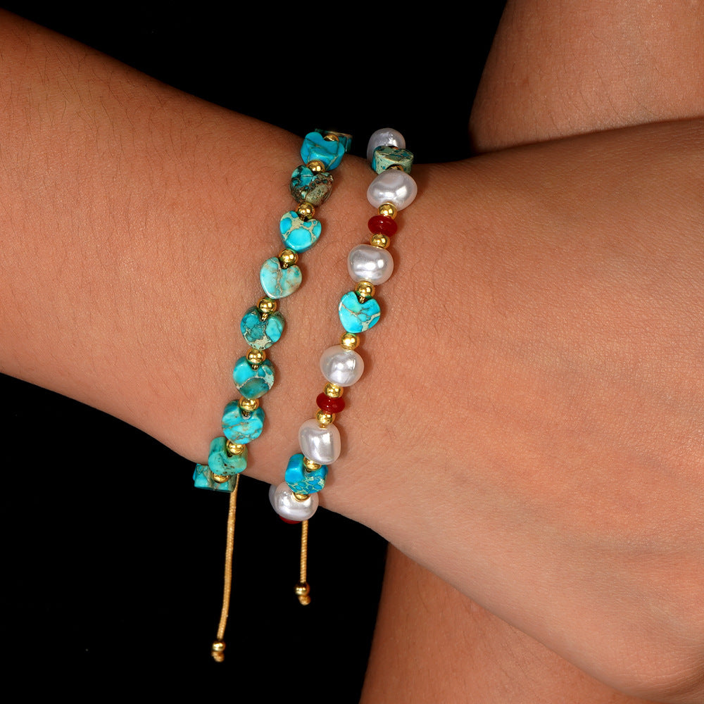 Wholesale Bohemian imitation pearl peach heart bracelet semi-precious stone emperor stone love valentine's day jewelry 3mm copper bead hand rope