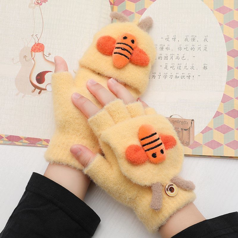 Wholesale Plush and Thickened Half Finger Flip Knitted Wool Little Bee Gloves