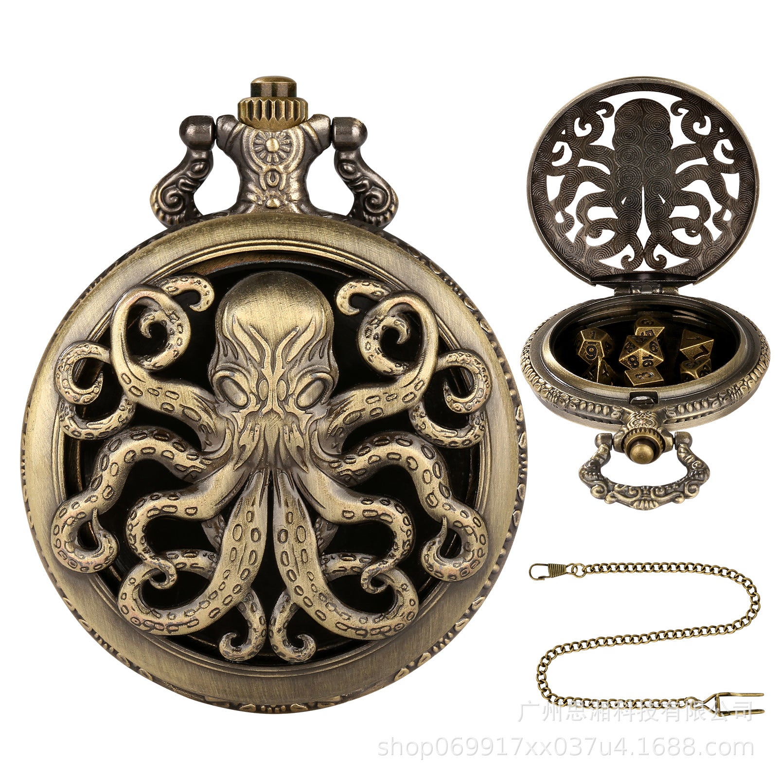 Wholesale Retro hollowed out octopus dice board game pocket watch