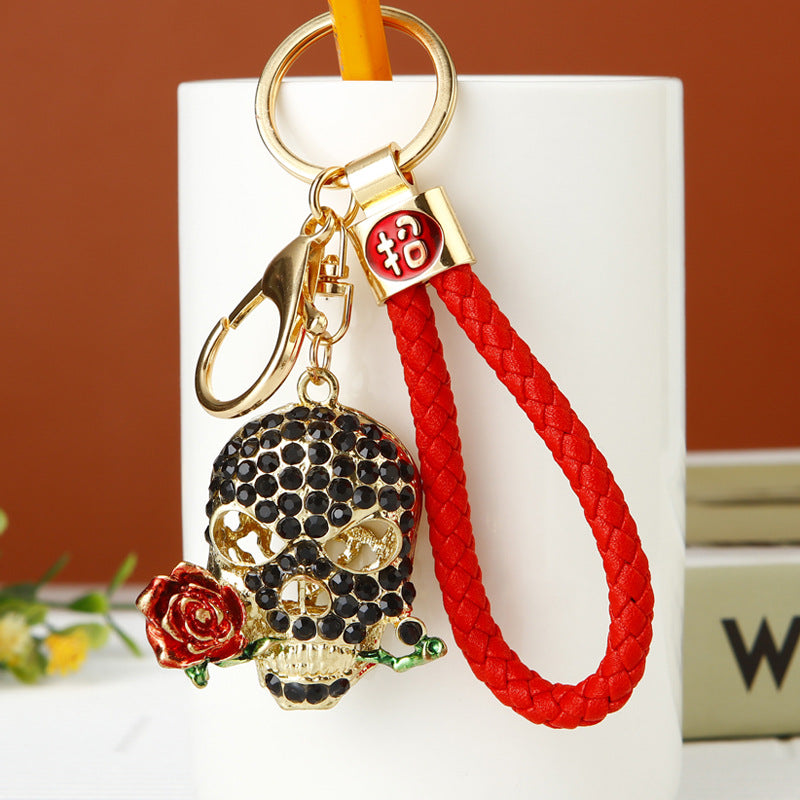 Wholesale Diamond Inlaid Rose Skull Metal Keychains