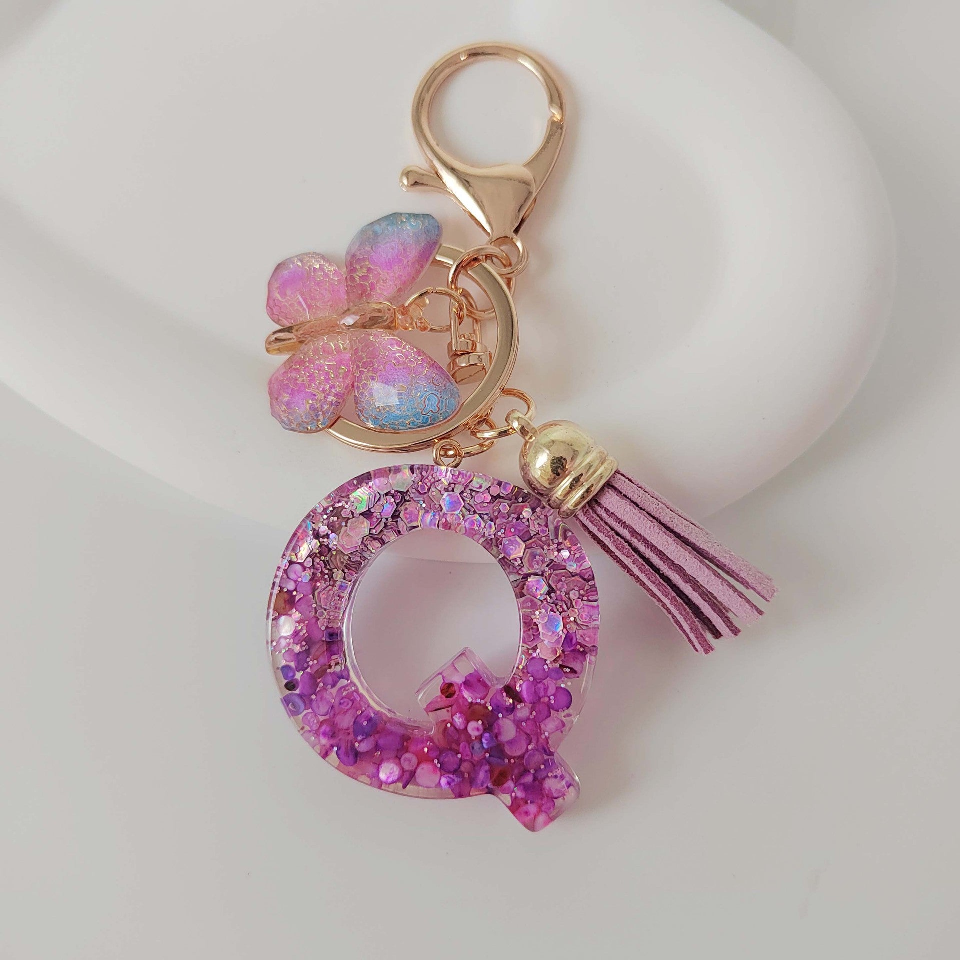 Wholesale Purple Illusion Color Double Glue Letter Glitter Tassel Keychain