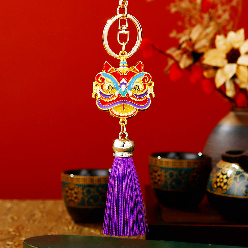 Wholesale Metal Chinese Style Lucky Lion Head Tassel Car Keychain Sapphire Blue Rhinestone Gift For Men Women