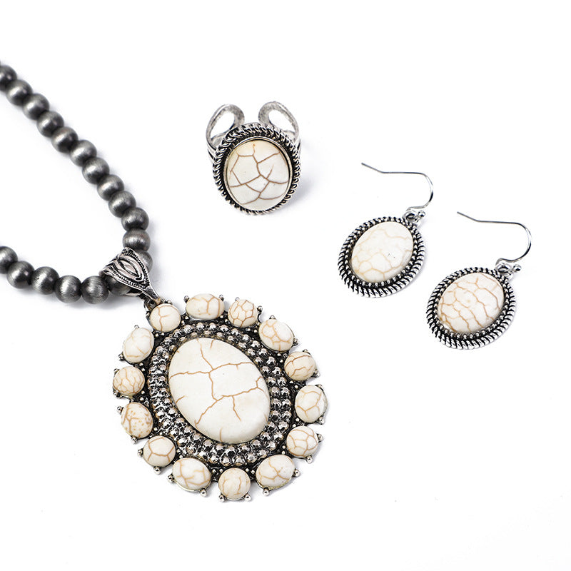 Wholesale Bohemian New Retro Round Flower Turquoise Pendant