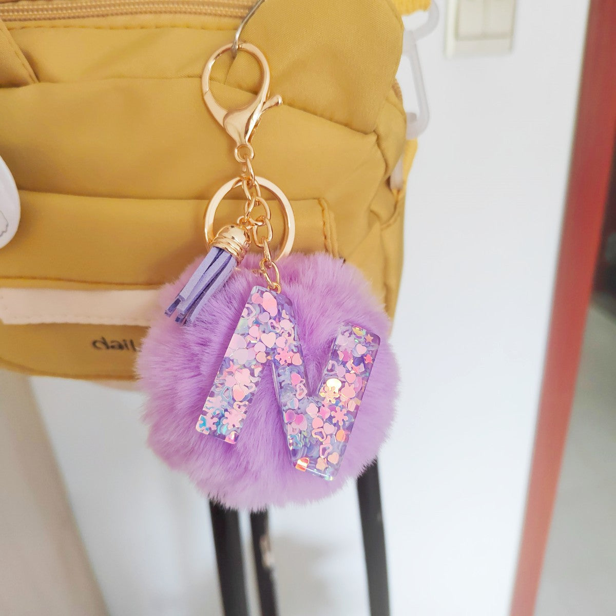 Wholesale Colorful Drip Glue Letter Pendant Light Purple Hairball Keychain