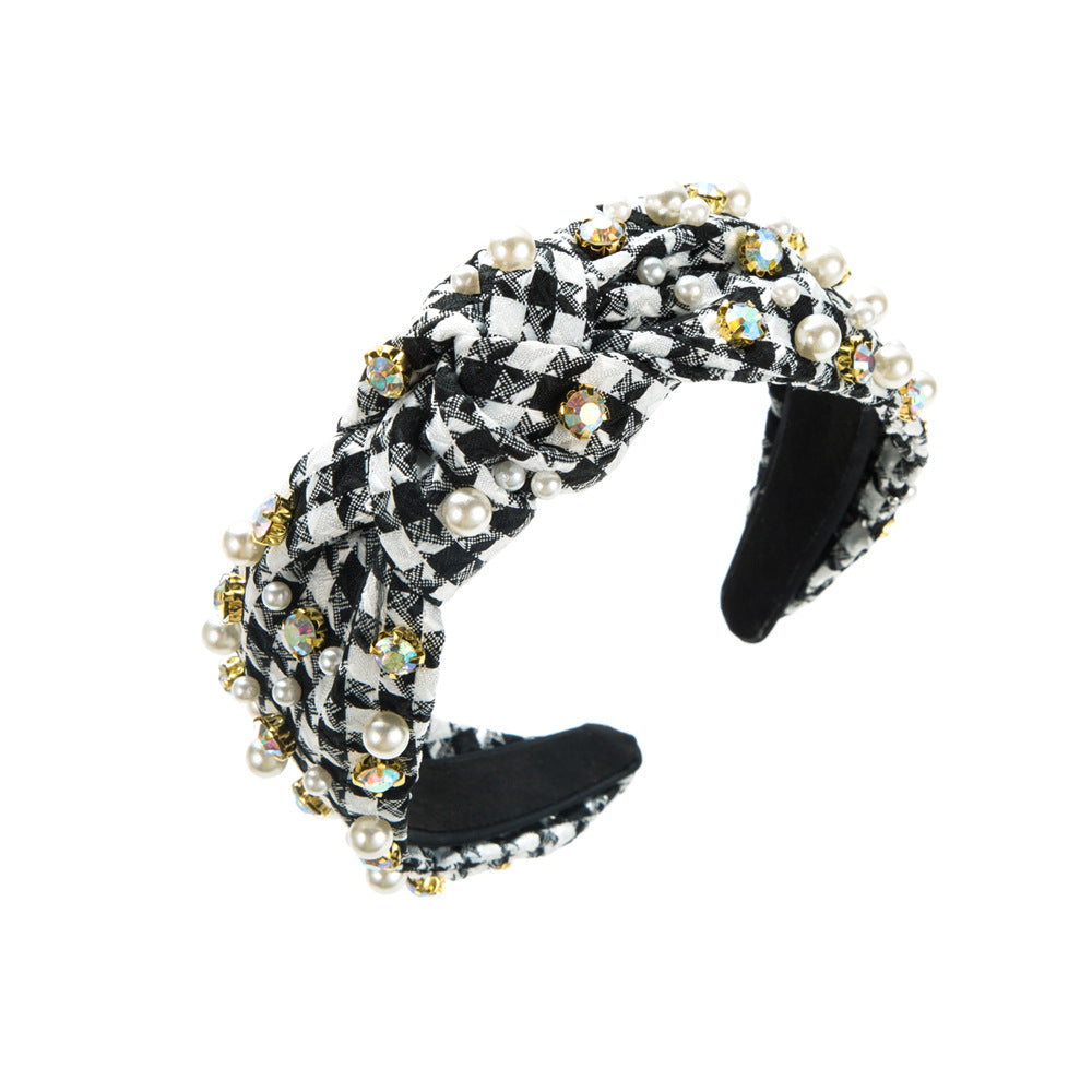 Wholesale Vintage Diamond Pearl Plaid Fabric Headband