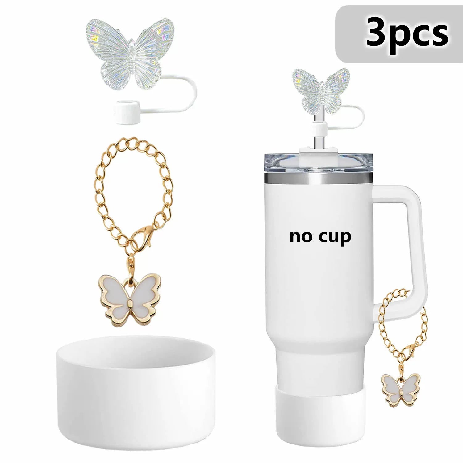 Wholesale Cup butterfly decorative straw cap silicone cup cover resin butterfly cup chain silicone cover 3-piece set