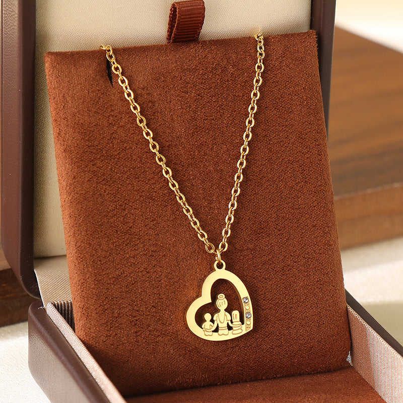Wholesale Mother' s Day Diamond studded Hollow Moon Love Stainless Steel Necklace