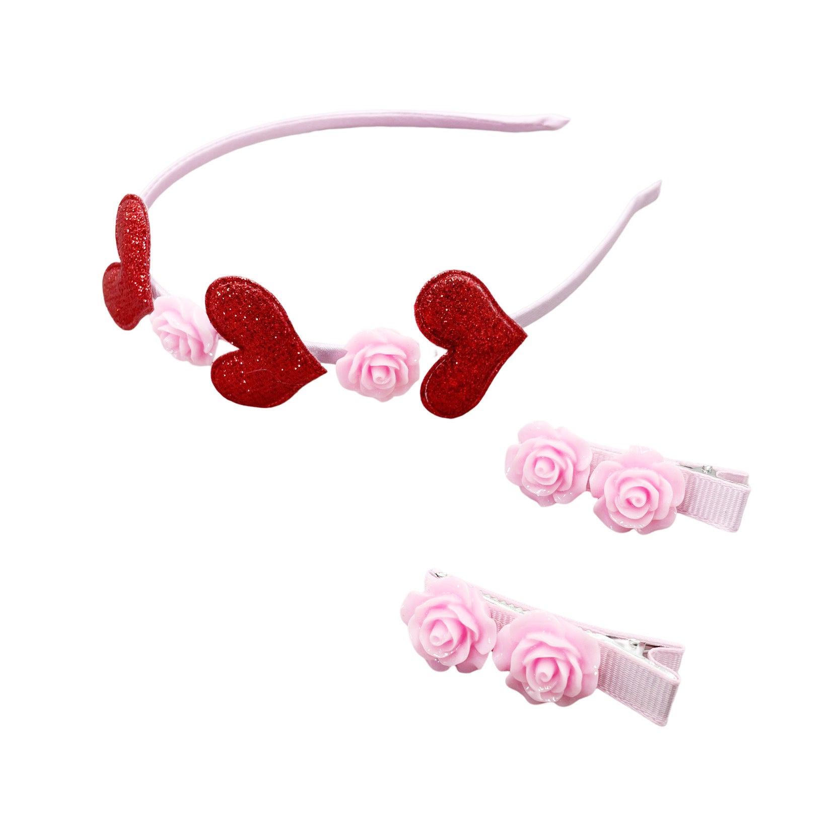 Wholesale pink love headdress suit Valentine's Day Sequined Love headband children's resin rose hairpin hair accessories