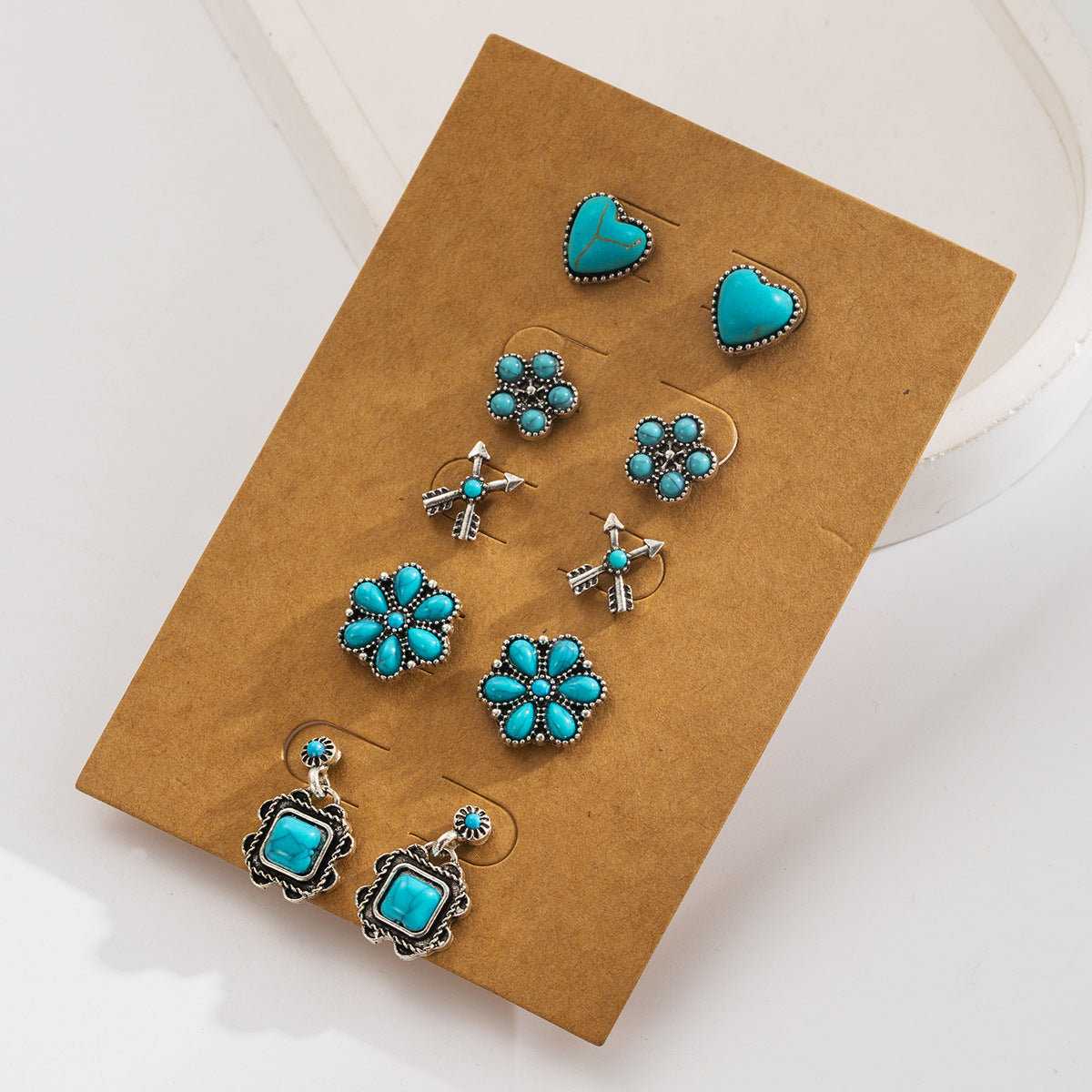 Wholesale vintage turquoise earrings set flower heart geometric earrings 5 pairs