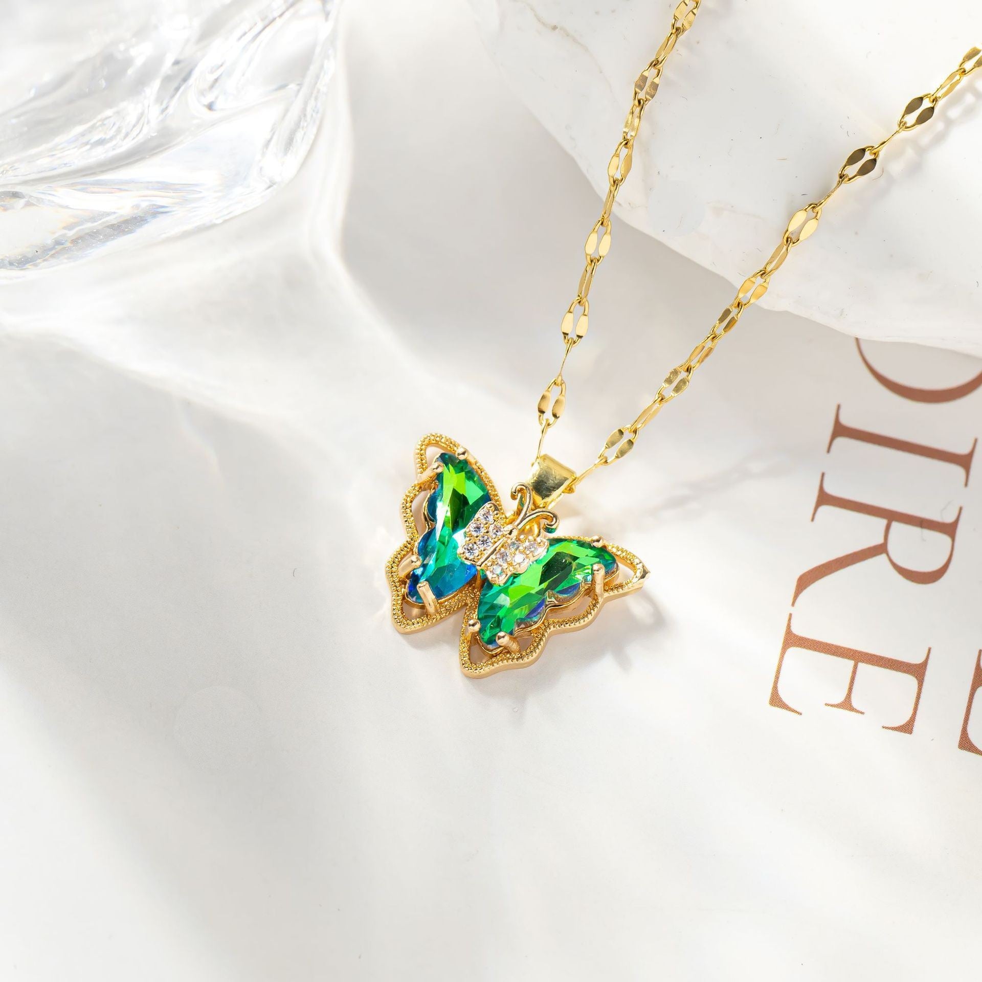 Wholesale Copper Gold Plated Micropaved Color Crystal Butterfly Titanium Steel Necklace