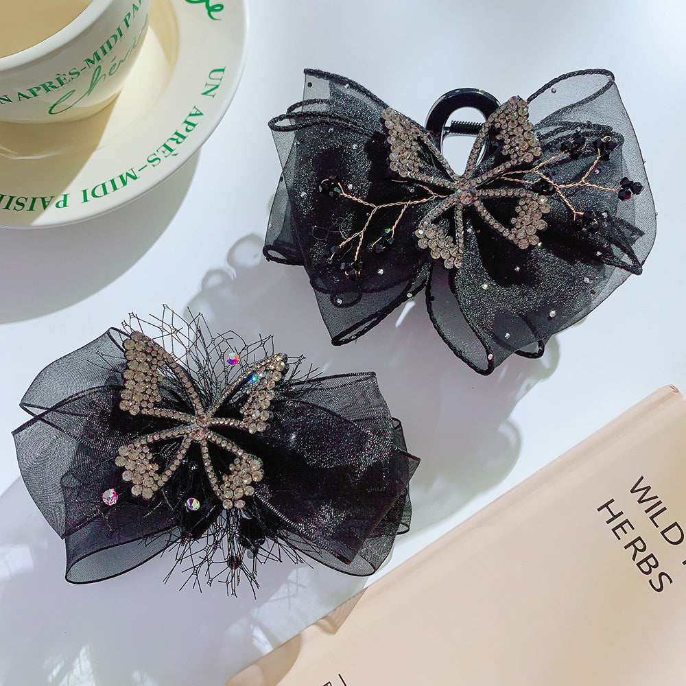 Wholesale Mesh Bowknot Grabbing Clip With Drill Retro Simple Curly Hair Headdress With Polka Dot Hair Clip