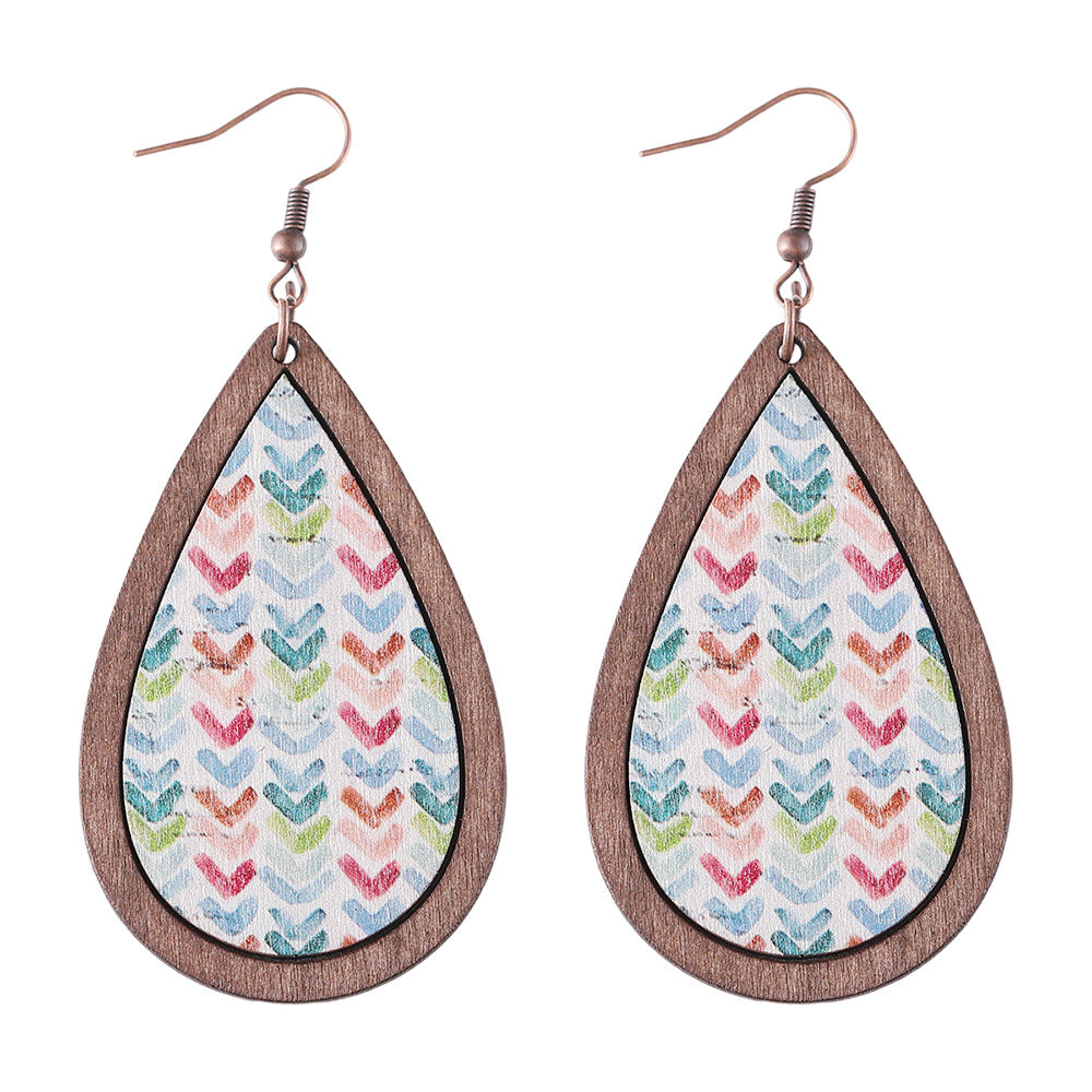 Wholesale Color Flower Arrow Painted Water Drop Pendant Wooden Bohemian Earrings