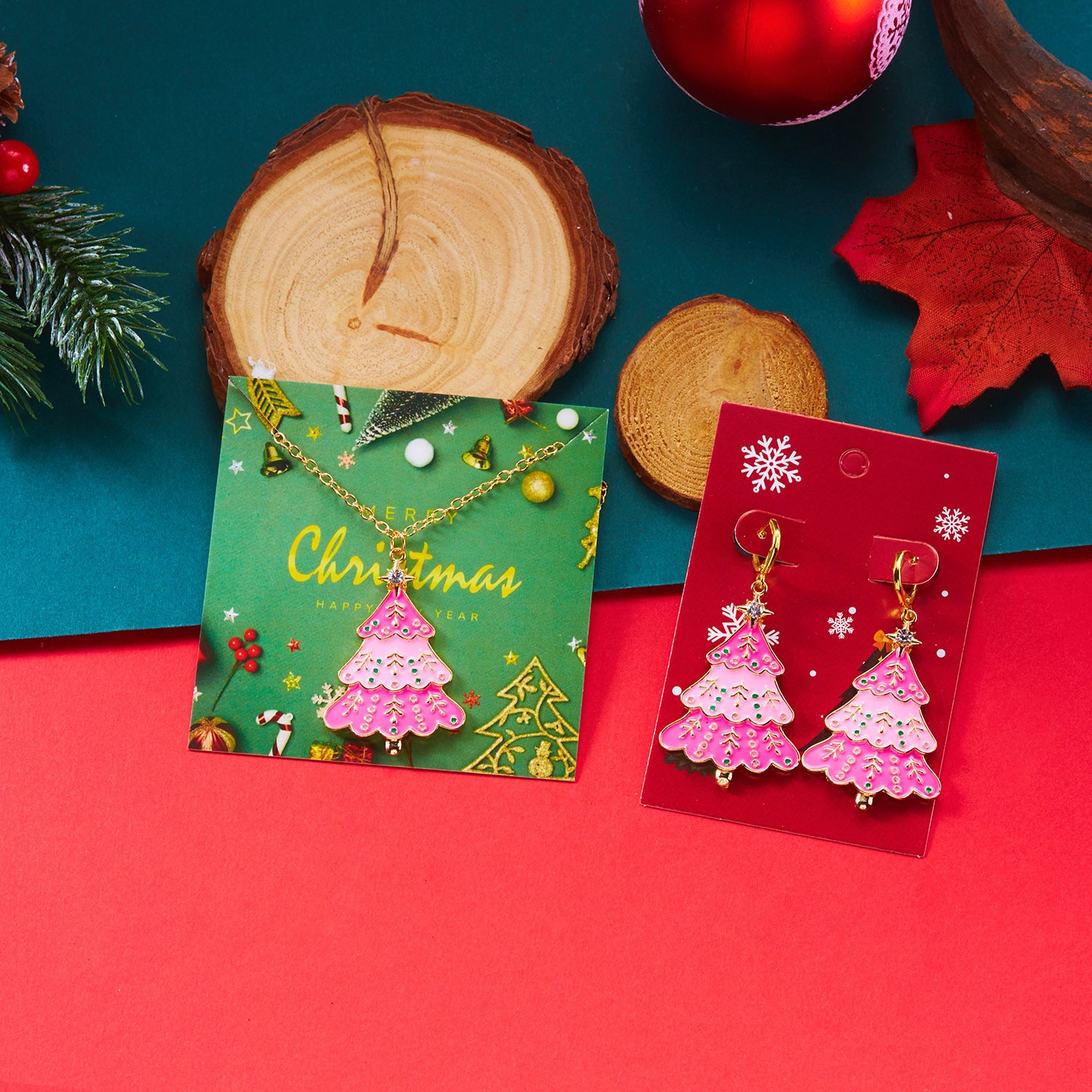 Wholesale Diamond-encrusted pink Christmas tree necklace